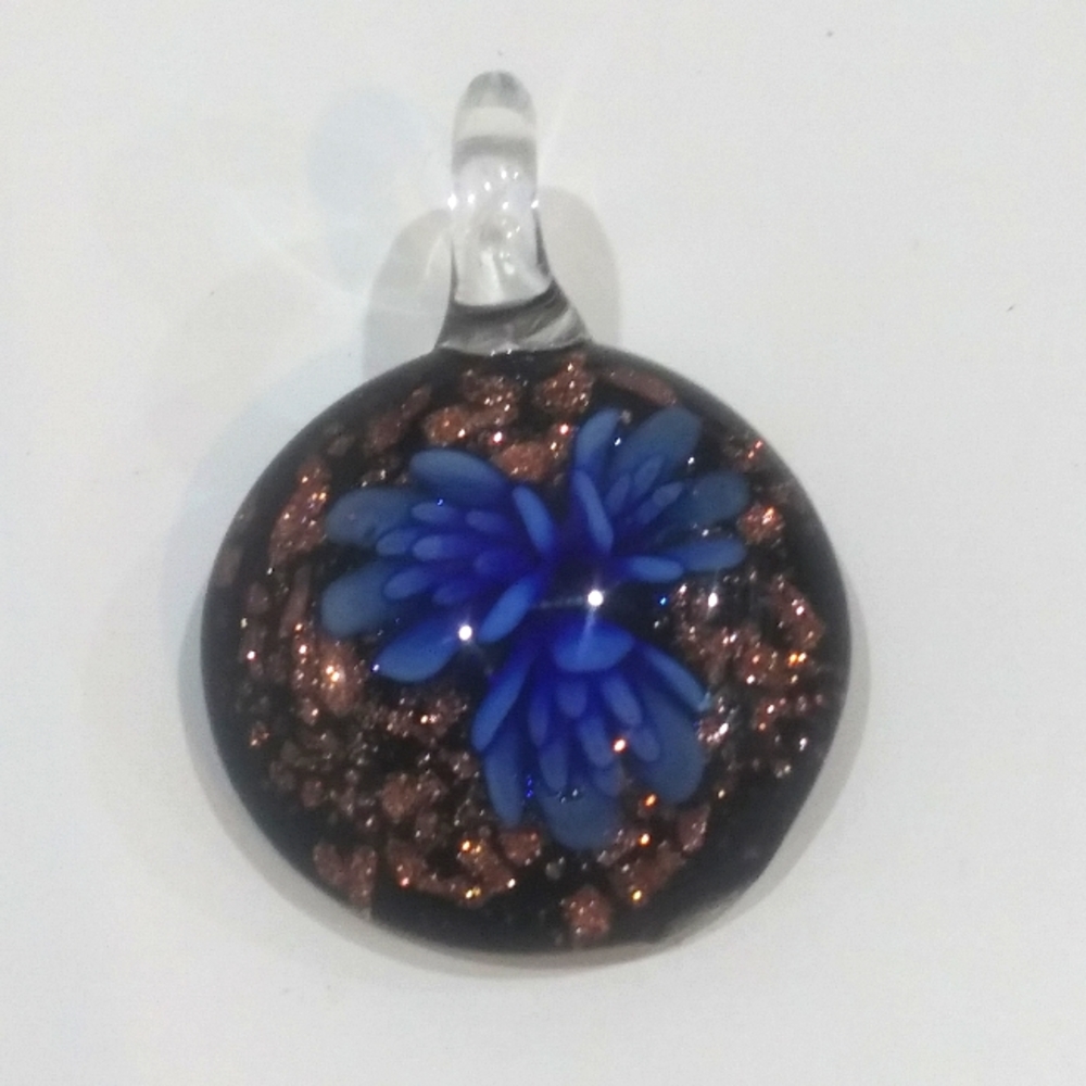 Floral Art Glass Pendant - Black with Blue Flower and Metallic Flakes
